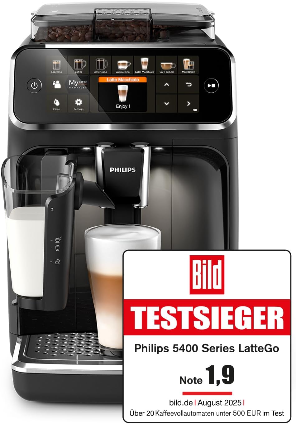 Philips Espressomaschine der Serie 5400 (EP5441/50)– Genießen Sie 12 Getränke, schnell reinigendes LatteGo, intuitives TFT-Display, anpassbare Kaffeeeinstellungen, erstklassiges Küchendesign